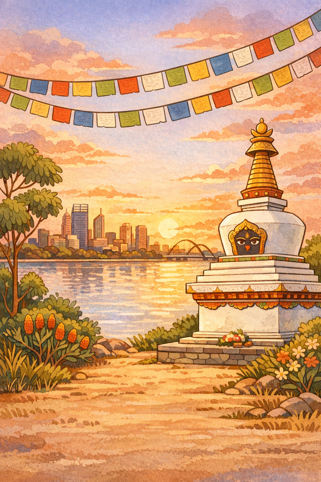 A Bhutanese stupa and prayer flags above the Swan River and Perth skyline in a warm illustrated landscape.